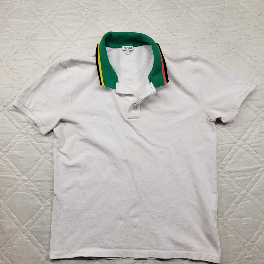 KENZO Paris Vintage white Polo shirt w/ rainbow collar size L